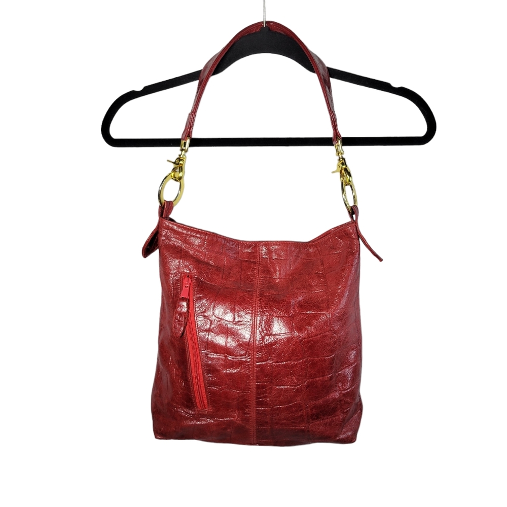 Andre Oliver red faux croc hobo bag
